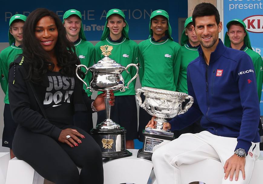 Australian Open 2016. I 2 vincitori dell&#39; edizione precedente, Serena Williams e Novak Djokovic, Melbourne. Australia. (GETTY IMAGES)